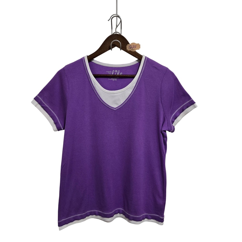Made For Life Womens Purple Layered V-Neck Short Sleeve T-Shirt Size Large